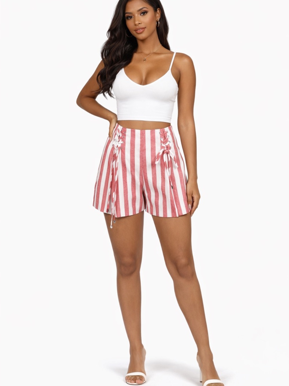 AKIRA Red & White Striped Lace-Up  ❤️ High Waist Statement Shorts S & L NWT